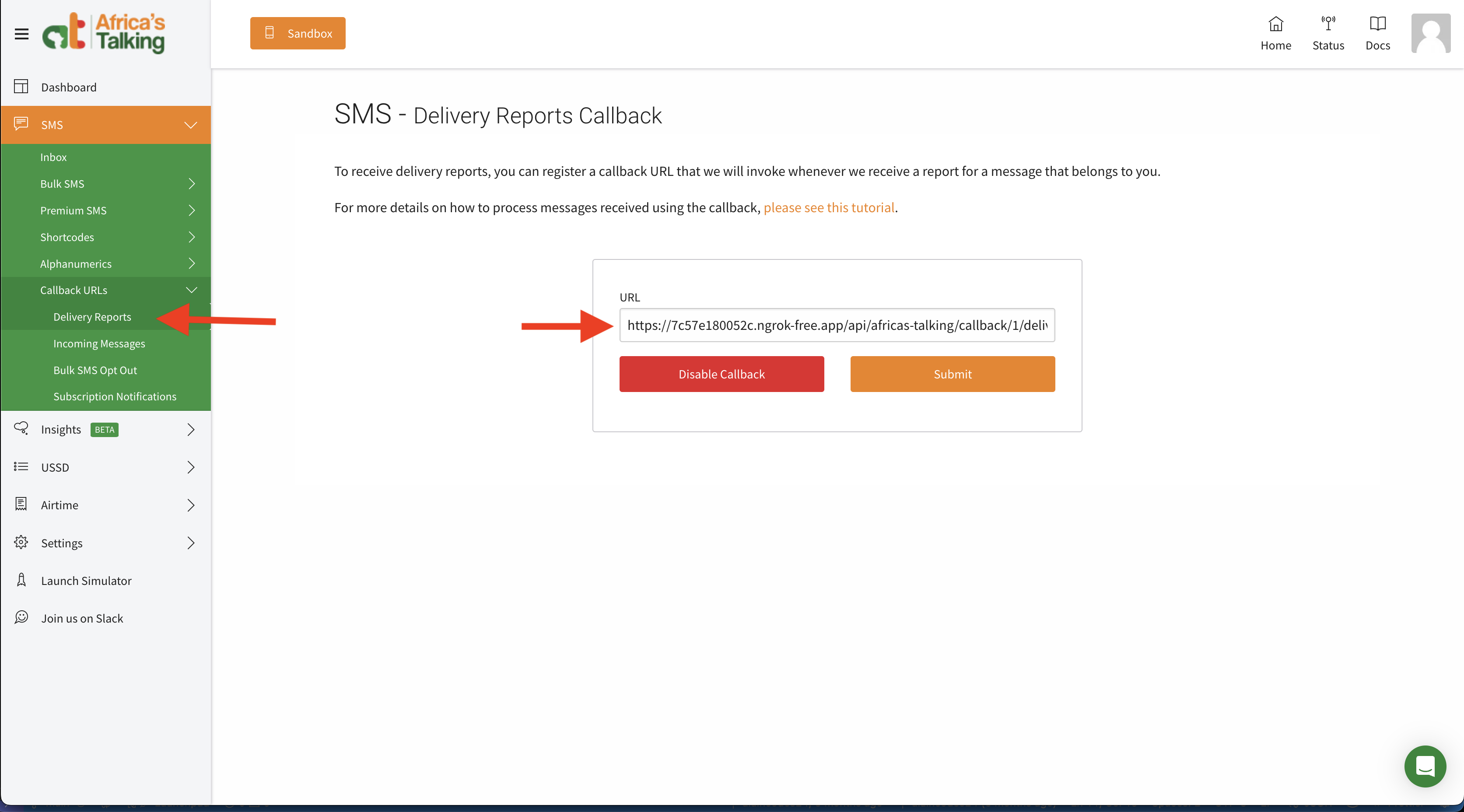 Register callback URL for sms delivery
