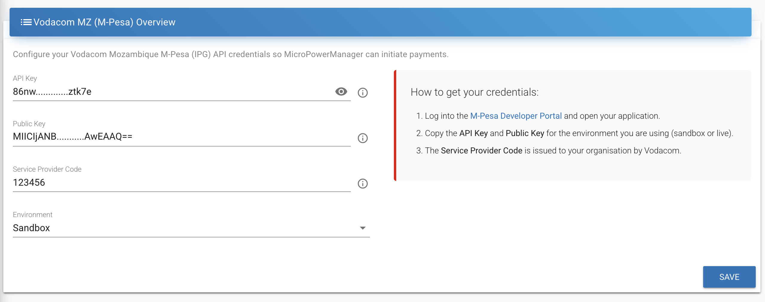Vodacom MZ credentials page in MPM